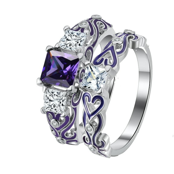 Cherri Purple Wedding Ring Set for Women Cz Princess Engagement Ring Matching Band Ginger Lyne Collection