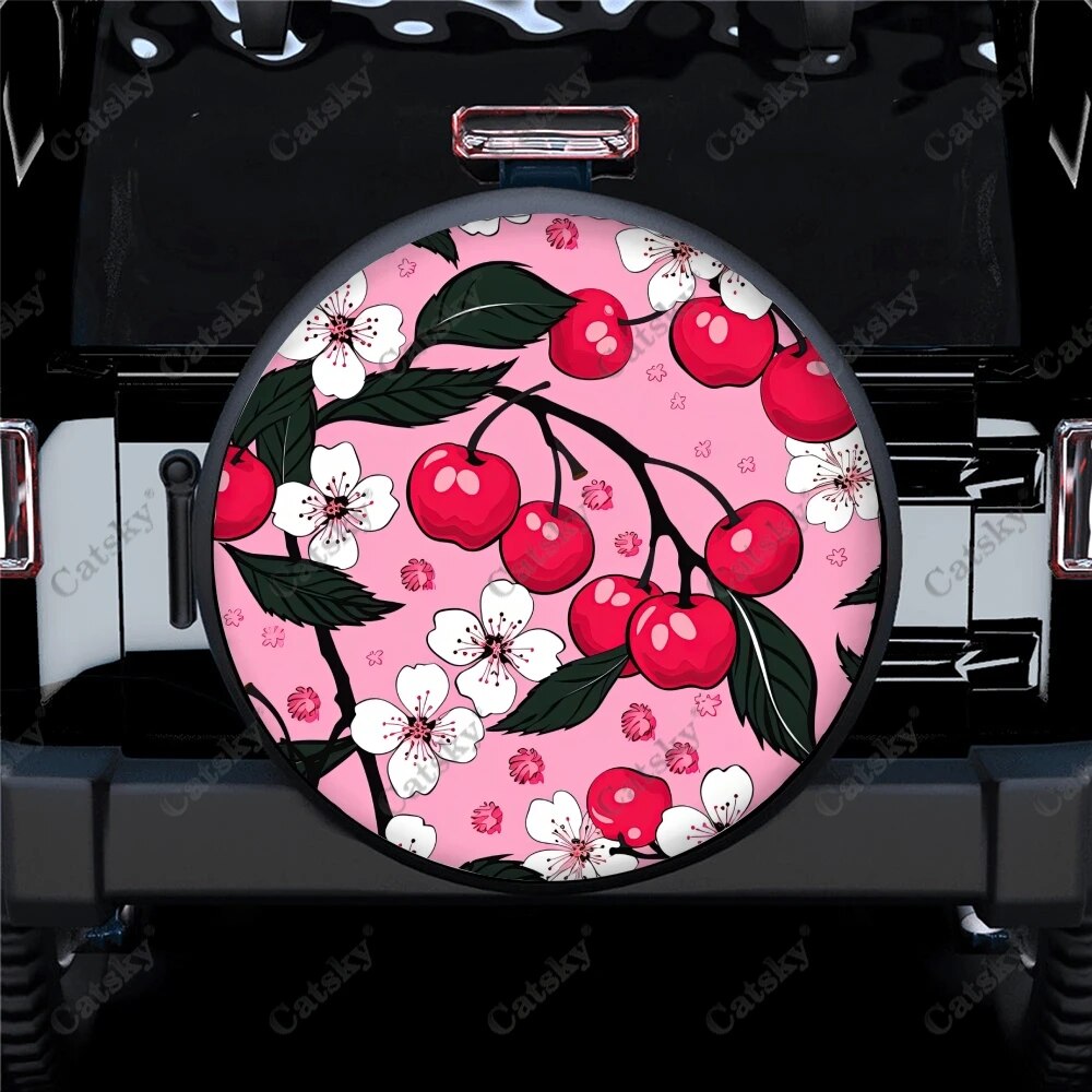 Cherries And Green Leaves Polyester Universal Spare Wheel Tire Cover
