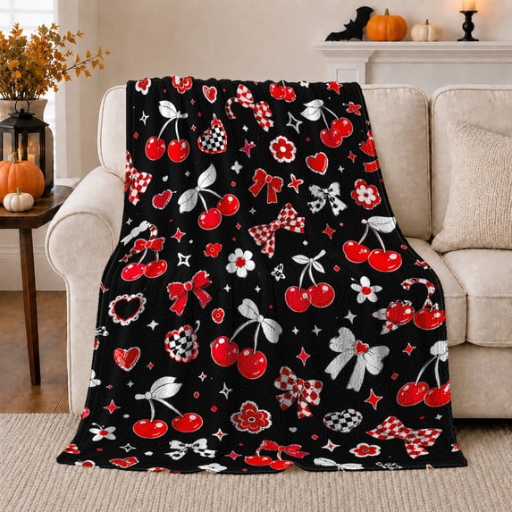 Cherries Bows and Flowers on Black, Playful Cottagecore Style for Cherry Lovers, Retro Sweet Pattern and Birthday Gift, Cozy Flannel Blanket for Bedroom and Dorm, Home Decor