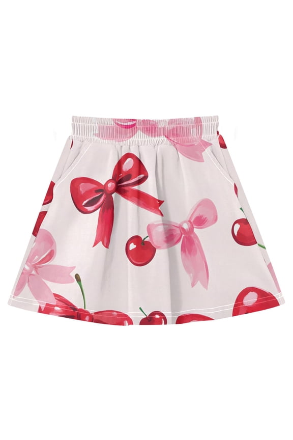 Cherries Bows Pattern Cotton Skirt Built-in Liner Elastic A-Line Flared Skirt with Pockets