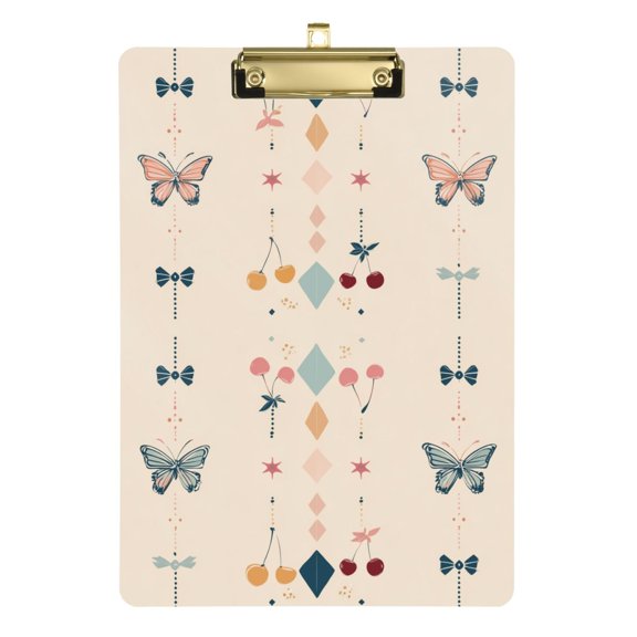 Cherries Butterflies Bows Delicate Pattern Acrylic Clipboard Drawing Board with Hook Writing Pad File Storage A4 Size Gold 12.5" x 9"