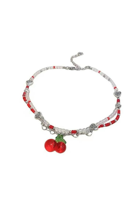 Cherries Choker Necklace Red White Bead Handmade Beaded Necklace Jewelry Gift
