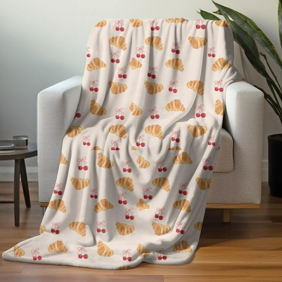 Cherries & Croissants Blanket, Cozy Room Decor Plush Throw, Preppy Aesthetic Friendship Birthday Gift for Her, Coquette Bedding Decor, Halloween Gift for Family Friend