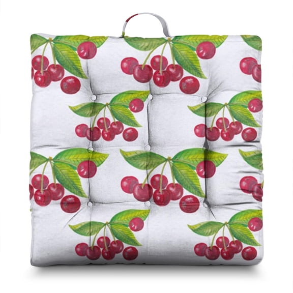 Cherries Floor Pillow – 22x22 Inch Square Meditation Cushion, Dutch Velvet, Pink & Red Fruit Print with Delicious Art Illustration