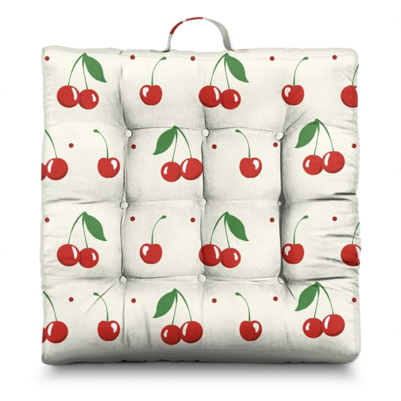 Cherries Floor Pillow – 22x22 Inch Square Meditation Cushion, Dutch Velvet, Pink & Red Fruit Print with Delicious Art Illustration