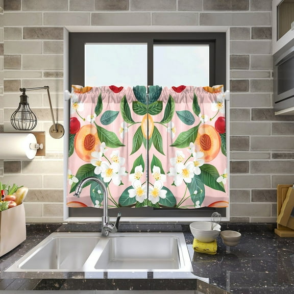 Cherries Flowers Peaches Kitchen Curtains Half Tier Curtain 2 Rod Pockets Bathroom Bedroom Cupborad Living Room 27"x24"