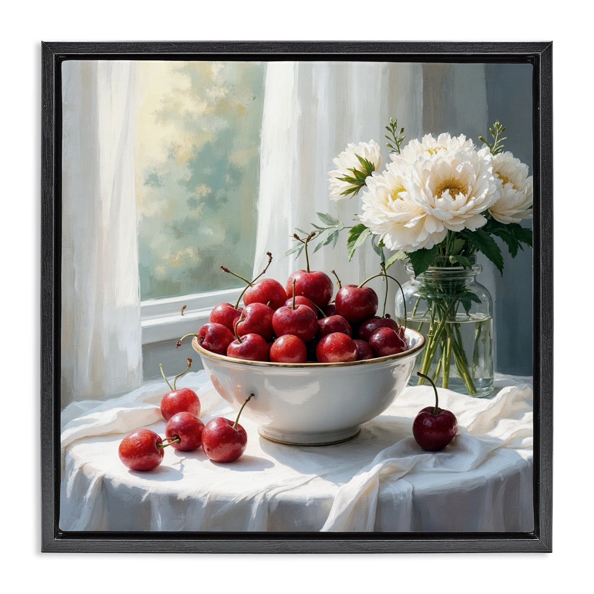 Cherries & Flowers Still Life Black Framed Floater Canvas Wall Art, design by Lettered and Lined