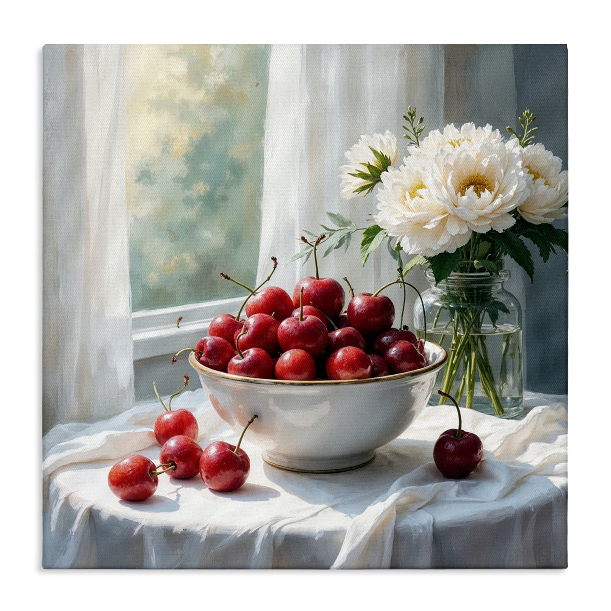 Cherries & Flowers Still Life Canvas Wall Art, design by Lettered and Lined