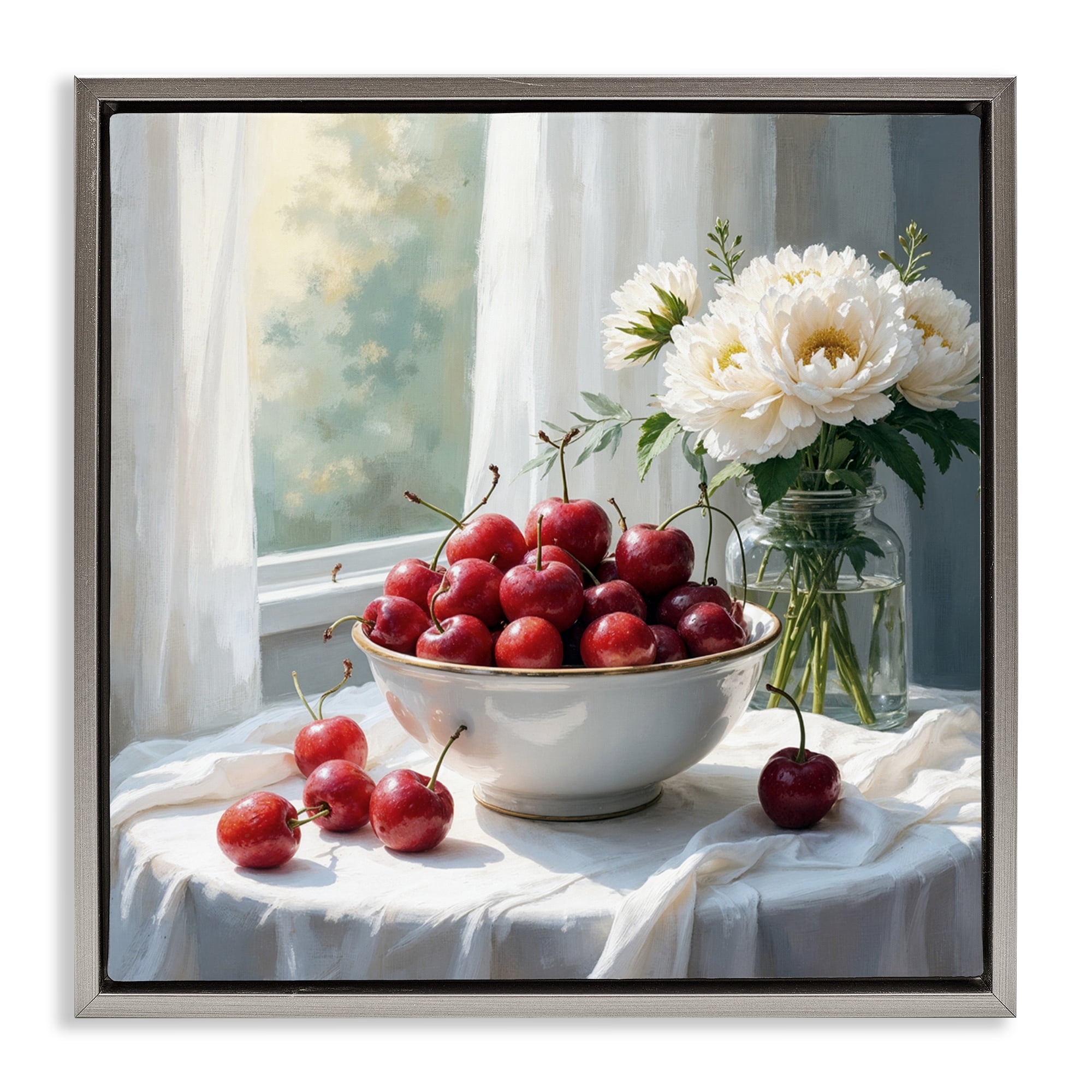 Cherries & Flowers Still Life Gray Framed Floater Canvas Wall Art, design by Lettered and Lined