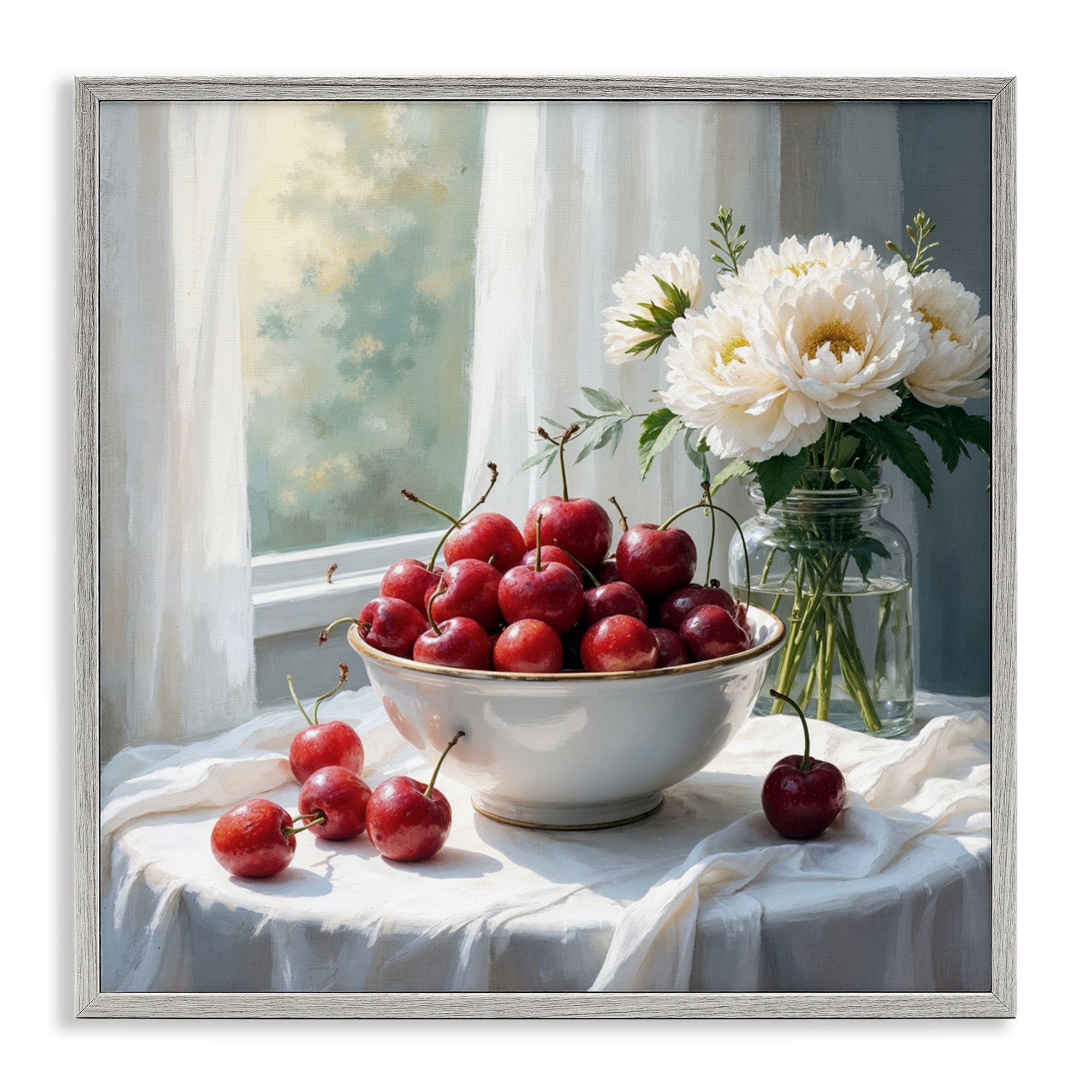 Cherries & Flowers Still Life Gray Framed Giclee Art, design by Lettered and Lined