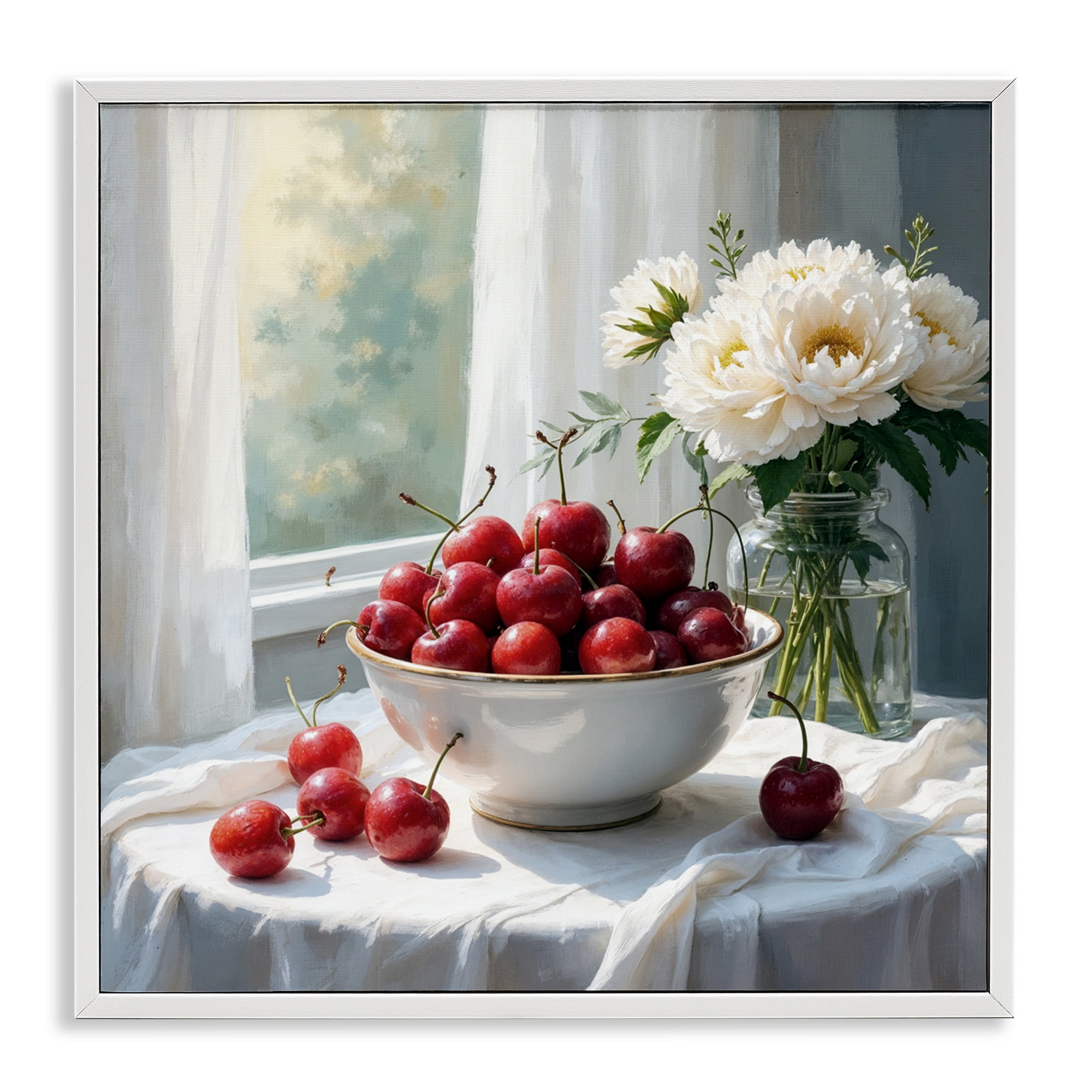 Cherries & Flowers Still Life White Framed Giclee Art, design by Lettered and Lined