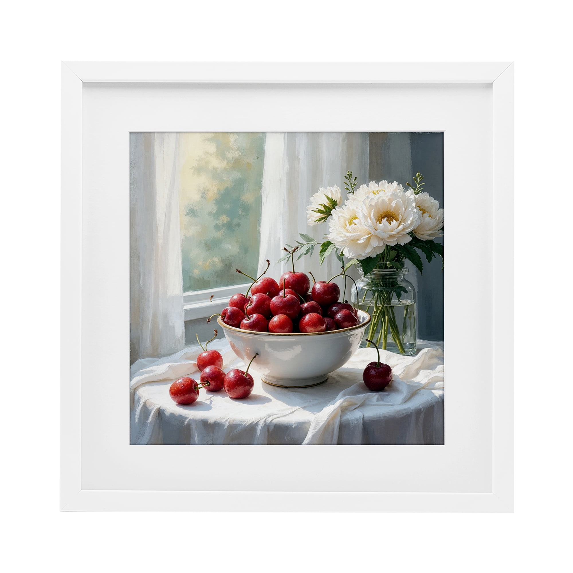Cherries & Flowers Still Life White Framed Print Under Glass, design by Lettered and Lined