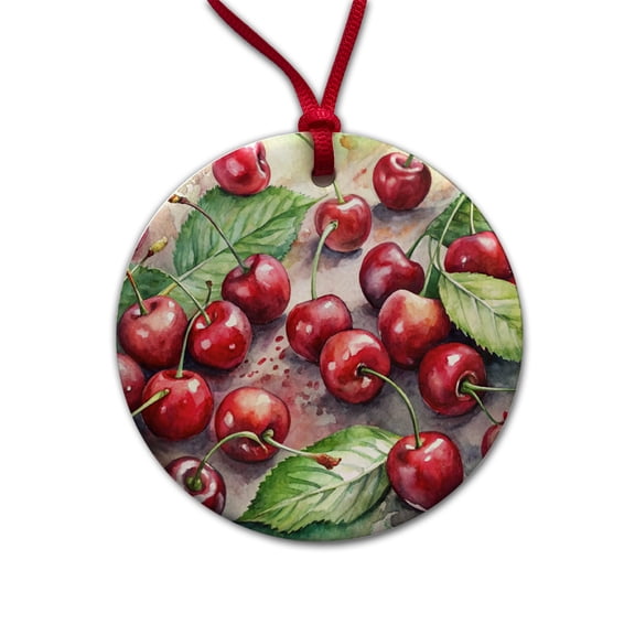 Cherries Fruit Watercolor Christmas Tree Holiday Round Ceramic Ornament