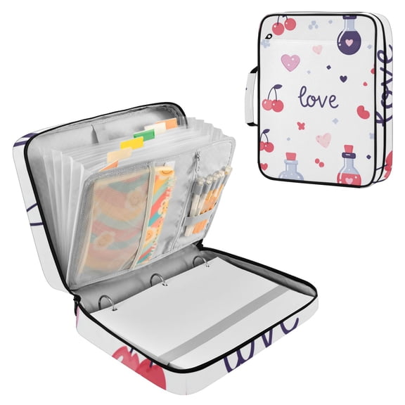 Cherries Hearts Valentine Theme Patterns Accordion File Organizer Expanding File Folder 3-Ring Binder Bag 500 Sheets A4 Size