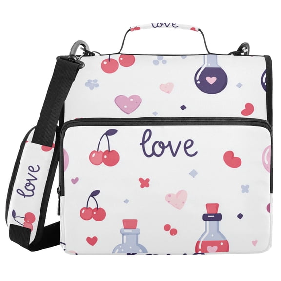 Cherries Hearts Valentine Theme Patterns Binder Bag with Shoulder Strap 3 Ring Zipper Binder File Folder Document Storage