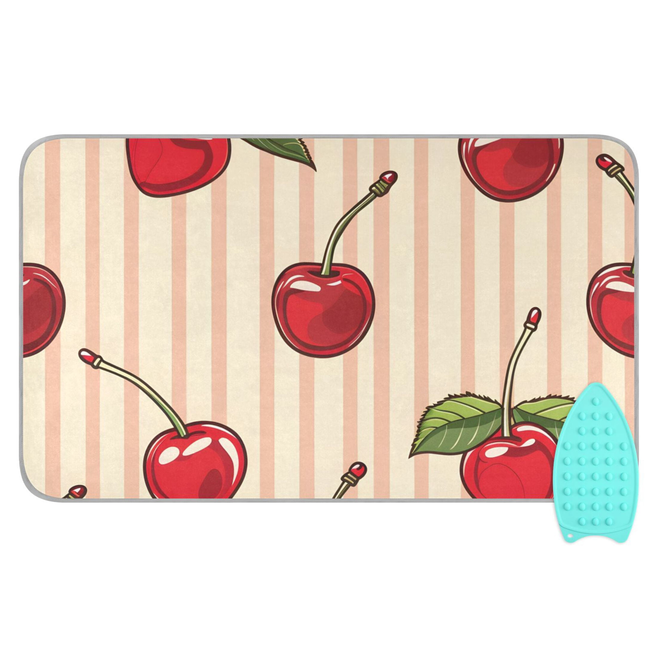Cherries Leaves Vertical Stripes Ironing Mat Blanket Portable Travel Ironing Pad Heat Resistant Pad 47.2" x 27.6”