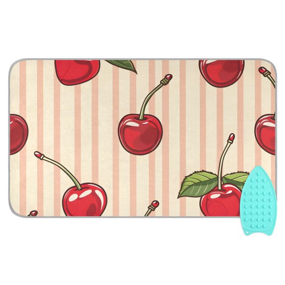 Cherries Leaves Vertical Stripes Ironing Mat Blanket Portable Travel Ironing Pad Heat Resistant Pad 47.2" x 27.6