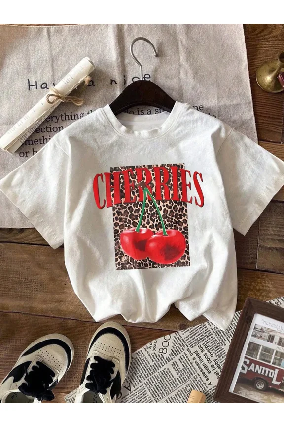 Cherries & Leopard Print Round Neck Tee, Casual Crew Neck Short Sleeve Daily T-Shirt