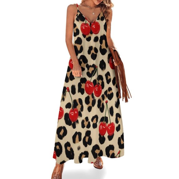 Cherries Leopard Print Seamless Pattern Sleeveless Suspender Dress Summer Fashion Casual Long Dress