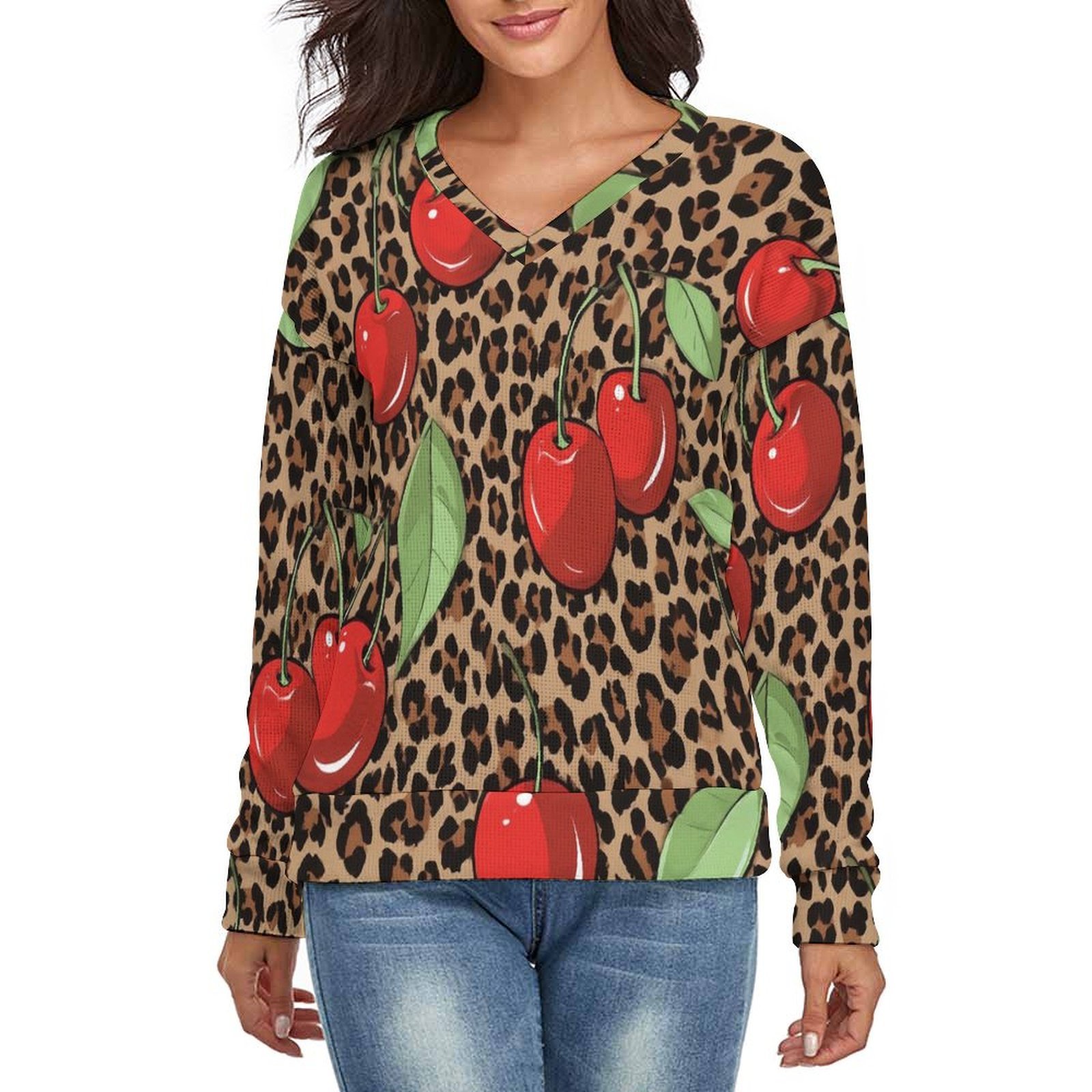 Felpa Con Cappuccio Oversize Donna - Stampa Ciliegie E Leopardo - Rocky-online-store - Foto 3