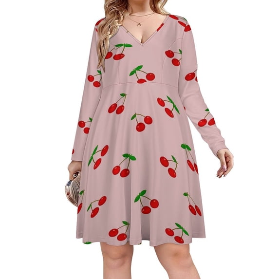 Cherries Long Sleeve Dresses For Women Vintage Elegant Party Dress Oversized V-neck Dress S-8XL