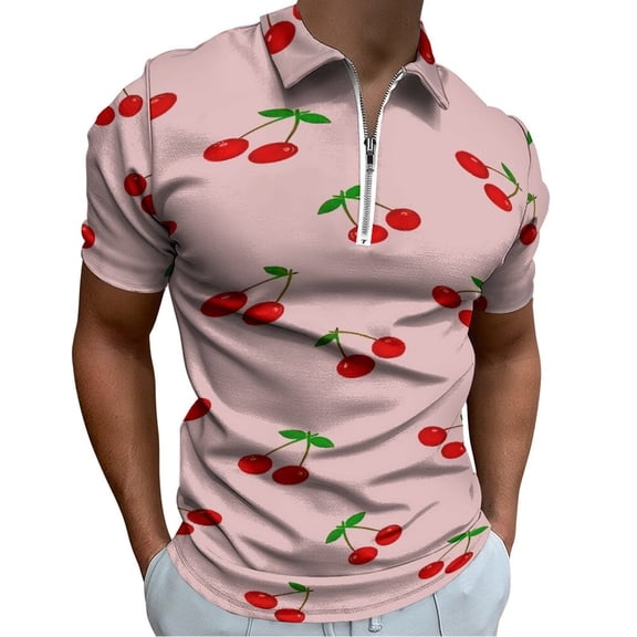Cherries Men Zipper T-shirt Summer Casual Short Sleeve T-shirt Top