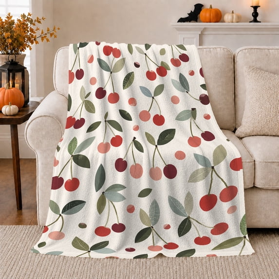 Cherries Olive Stems White Botanical, Cozy Friendship Quote Scene, Warm Flannel Blanket for Living Room and Reading Nook, Art Lovers Thanksgiving Gift, Artistic Home Decor