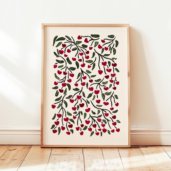 Cherries Print Still Life Abstract Botanical Poster Whimsical Wall Art Decor UNFRAMED