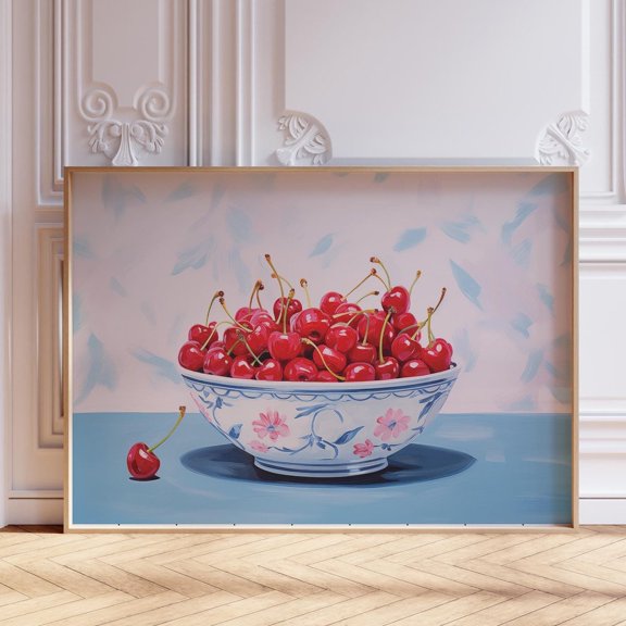 Cherries Print Wall Art Fruit Chinoiserie Bowl Print Blue Cottagecore Kitchen Dining Living Room Wall Decor