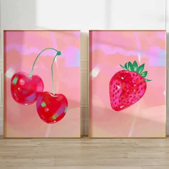 Cherries Print Y2k Maximalist Room Decor Pink Trendy Funky Art Set 2 Unframed Paper Print 12x18