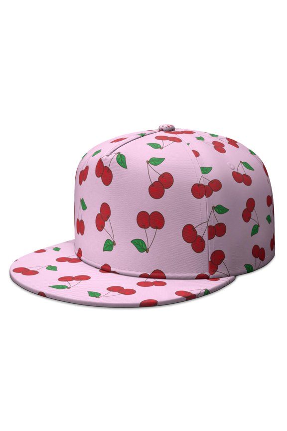 Cherries Trucker Hat - Juicy Pink & Red Pattern Flat Brim Snapback, Artistic Fruit Illustration for Sweet Tooth Lovers