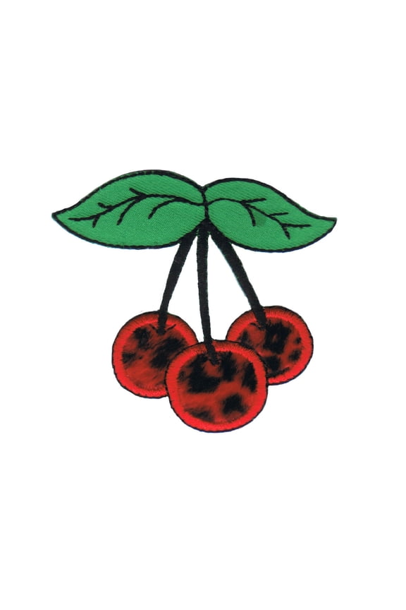 Cherries With Stem Patch Leopard Red Plush Embroidered Iron On Applique