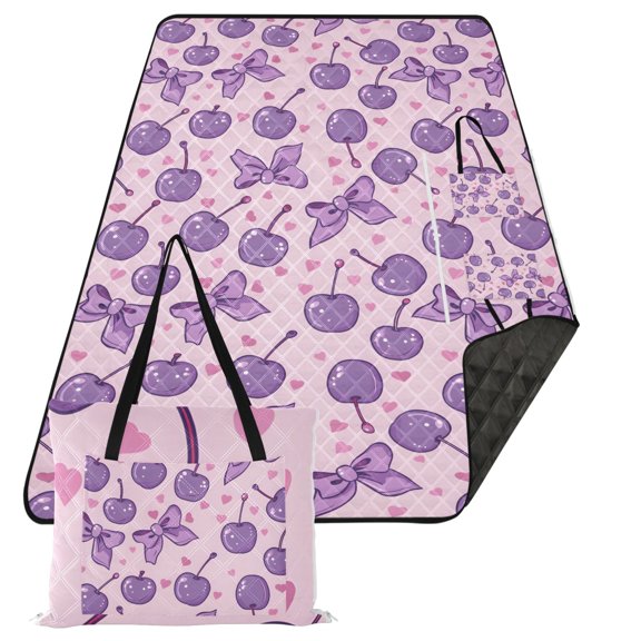 Cherries and Bows Extra Large Picnic Beach Blanket Waterproof Sand Proof Portable Outdoor Mat 80x118