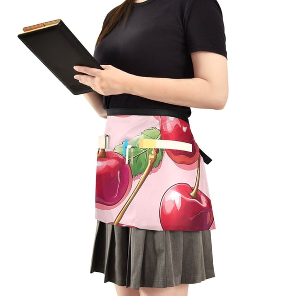 Cherries on Pink Background Server Apron with 3 Pockets Waist Apron for Waiter Waitress