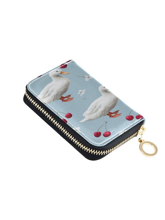 Cherries with Ducks Women's Credit Card Holder PU Leather Zipper Wallet RFID Blocking