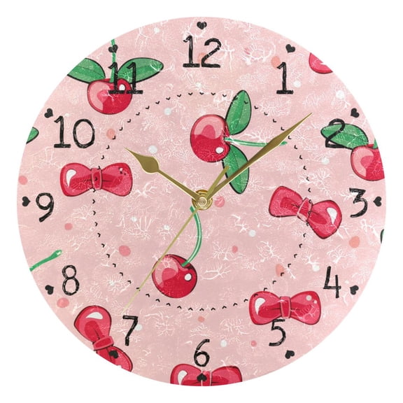 Cherries with Leaves Cute Bowknots Round Wall Clock Silent Analog Battery Operated Gold Pointer Home Decor 9.84" Diameter
