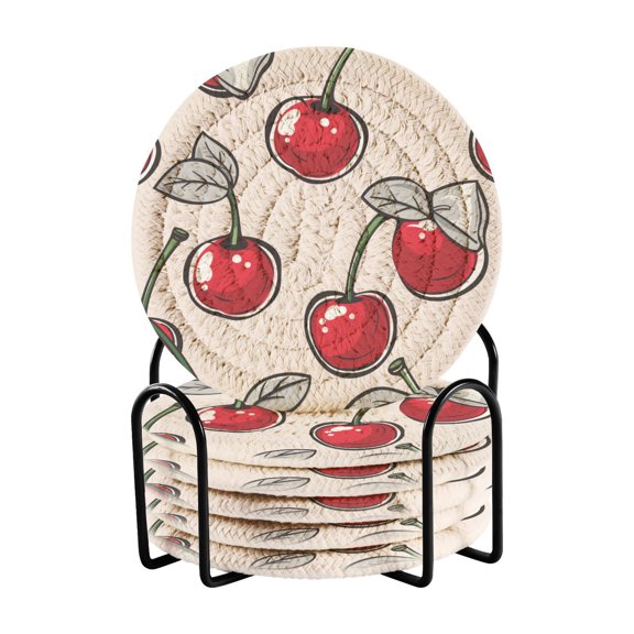 Cherries with Leaves and Bowknots Drinking Coasters Cup Mat with Holder for Kitchen Cafe Bar 6 Packs