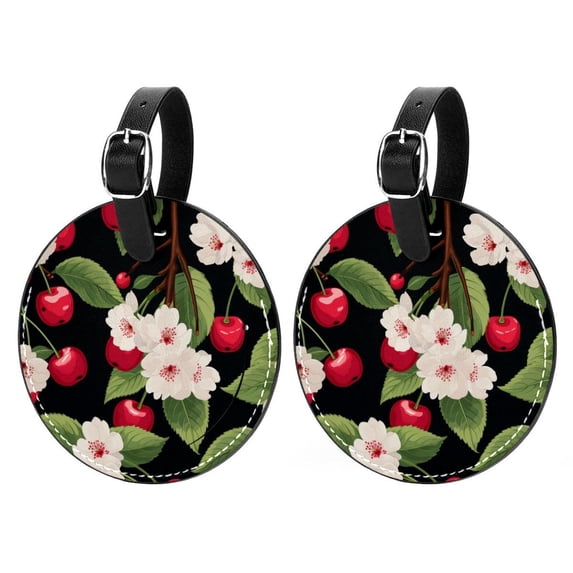 Cherry 2pcs PU Leather Round Bag Tags Suitcase Handbag Tags with Privacy Cover and Name ID Tag for Travel Luggage, Handbags, Backpacks, School Bags