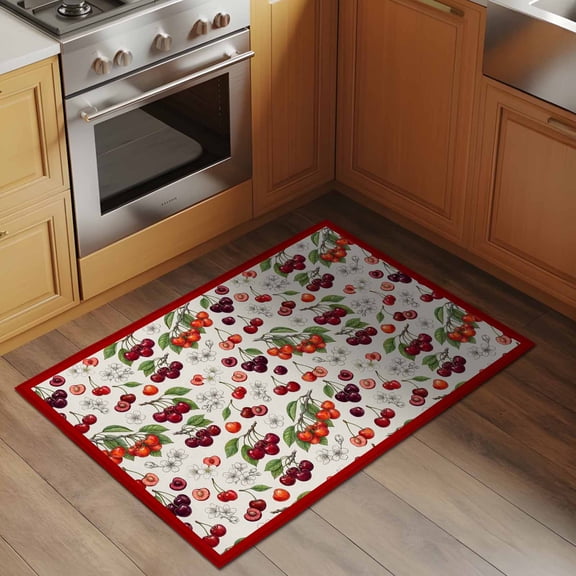 Cherry 2x3 Rug for Entryway Front Door Kitchen Sink Area, Retro Pink Red Cherry White Floral Beige Texture Low Pile Washable Non Slip Rectangle Area Rug