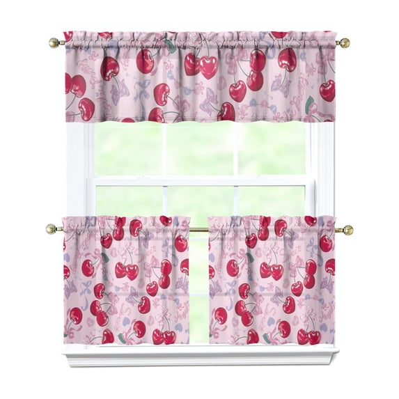 Cherry 3-Piece Kitchen Curtains Set Kitchen Curtains Sets with Valance for Windows Rod Pocket Machine Washable Kitchen Decor(54"x18"+2x27.5"x24")