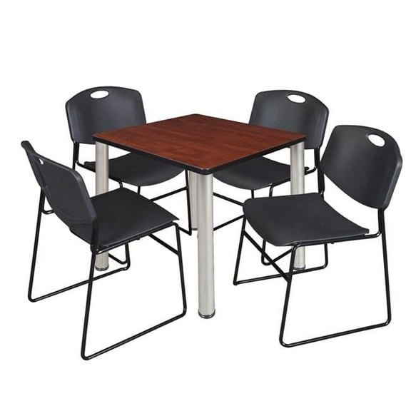 Cherry 30 in. Kee Square Breakroom Table with Chrome & Black 4 Zeng Stack Chairs