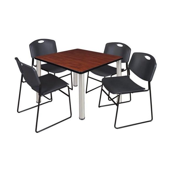Cherry 36 in. Kee Square Breakroom Table with Chrome & Black 4 Zeng Stack Chairs
