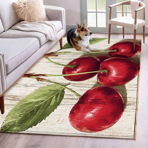 Cherry 4x6 Area Rugs for Living Room, Fruit Watercolor Vintage Wood Texture Non Slip Floor Mat Washable Low-Profile Indoor Carpet for Bedroom, Dining Room, Bathroom
