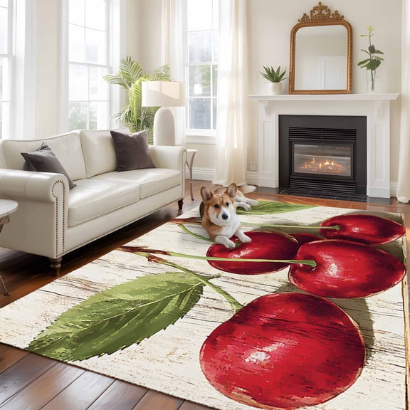 Cherry 5x7 Area Rugs for Living Room, Fruit Watercolor Vintage Wood Texture Non Slip Floor Mat Washable Low-Profile Indoor Carpet for Bedroom, Dining Room, Bathroom