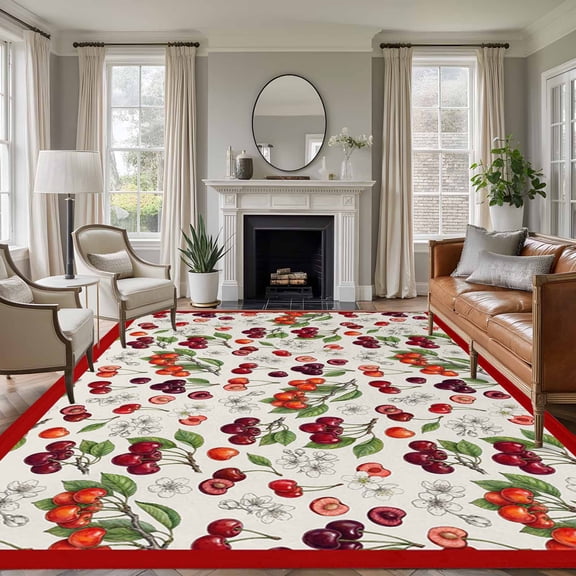 Cherry 5x7 Rug for Living Room Sofa and Coffee Table Layout, Retro Pink Red Cherry White Floral Beige Texture Washable Non Slip Rectangle Area Rug