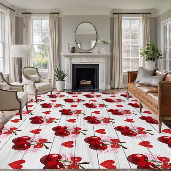 Cherry 8'x10' Large Area Rug for Living Room Sectional Sofa, Watercolor Red Fruit Love Wave Point Wood Grain Non Slip Low Pile Rectangle Area Rug, Machine Washable Indoor Outdoor Mat