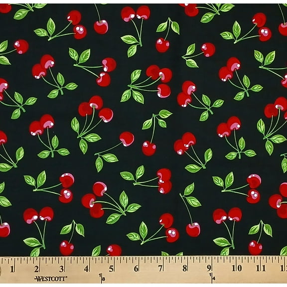 Cherry All Over Cherries on Black Summer Fruit Cotton Fabric Print by the Yard