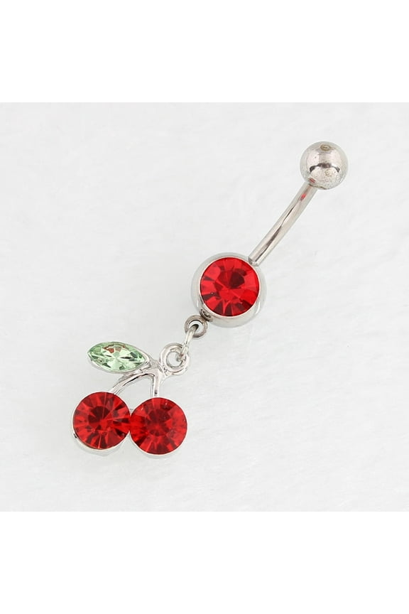 Cherry Alloy Ruby Rhinestone Dangle Belly Button Rings 316L Surgical Stainless Steel Piercing Rings Curved Barbell Body Jewelry for Women Stainless Steel Color 16x10x5~8mm