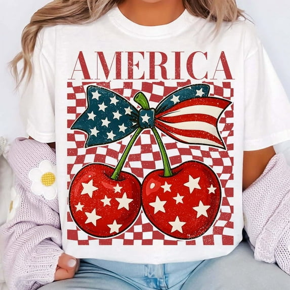 Cherry America Coquette T-Shirt | 4th of July Patriotic Design | Retro USA Checkered Shirt | Girly Memorial Day & Independence Day Tee