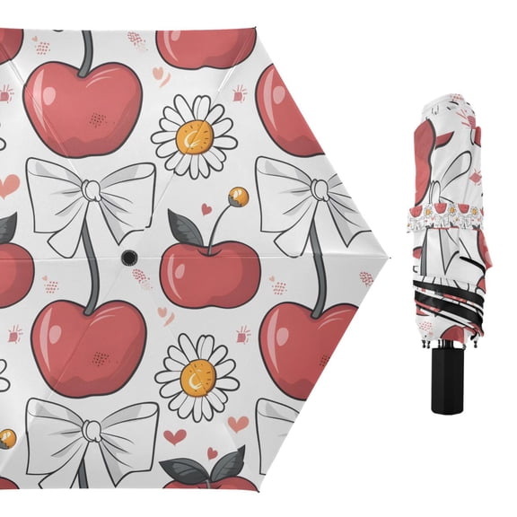 Cherry Apple Bow Daisy Compact Sun Umbrella Windproof Travel Umbrellas for Rain Strong Portable UV Protection